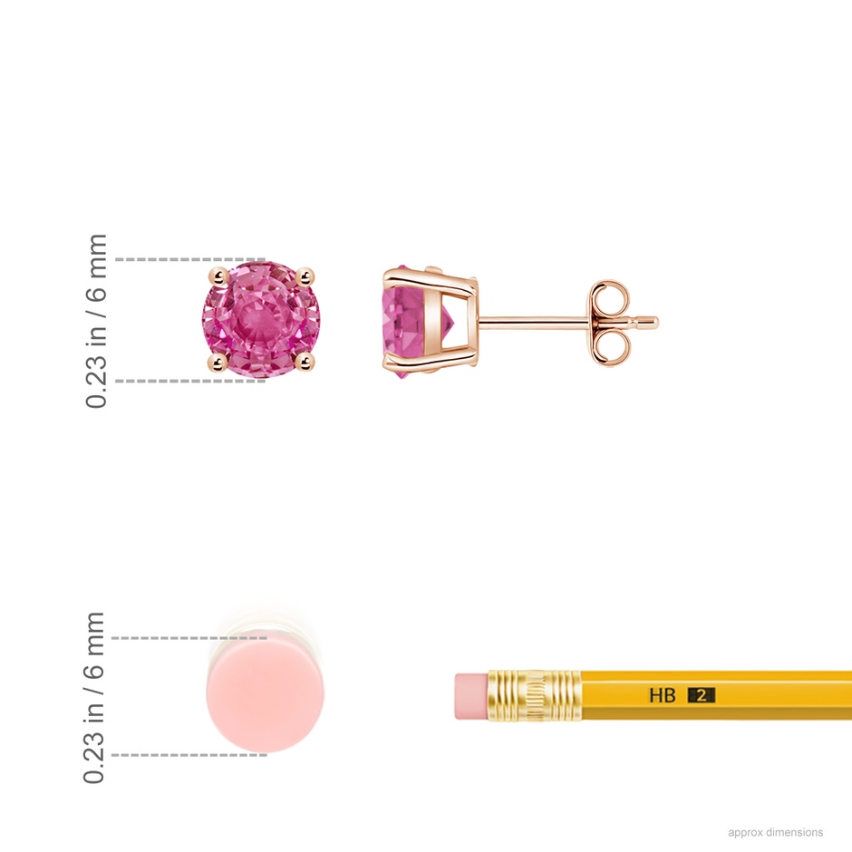 6mm AAA Round Pink Sapphire Stud Earrings in Rose Gold ruler