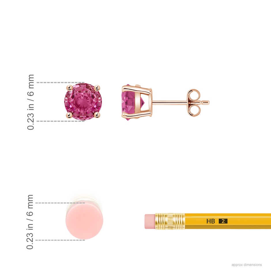 6mm AAAA Round Pink Sapphire Stud Earrings in Rose Gold ruler