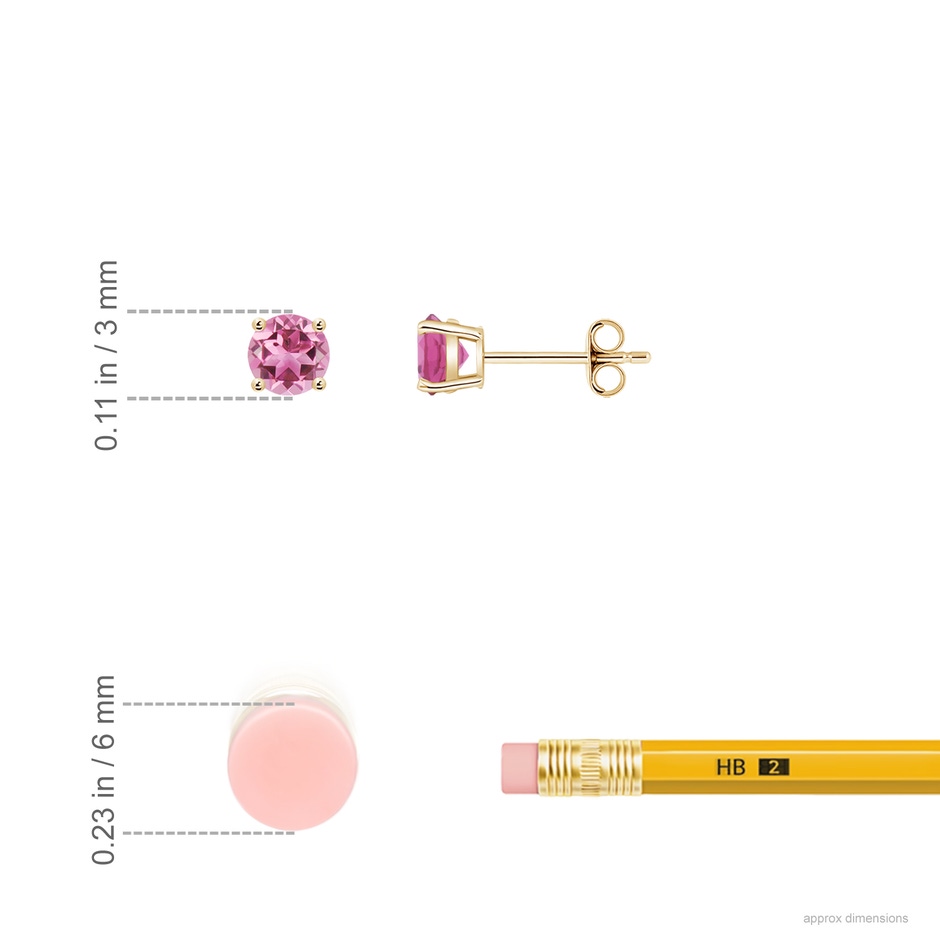 3mm AAA Round Pink Tourmaline Stud Earrings in 9K Yellow Gold ruler