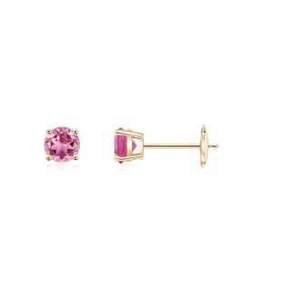 3mm AAA Round Pink Tourmaline Stud Earrings in Yellow Gold