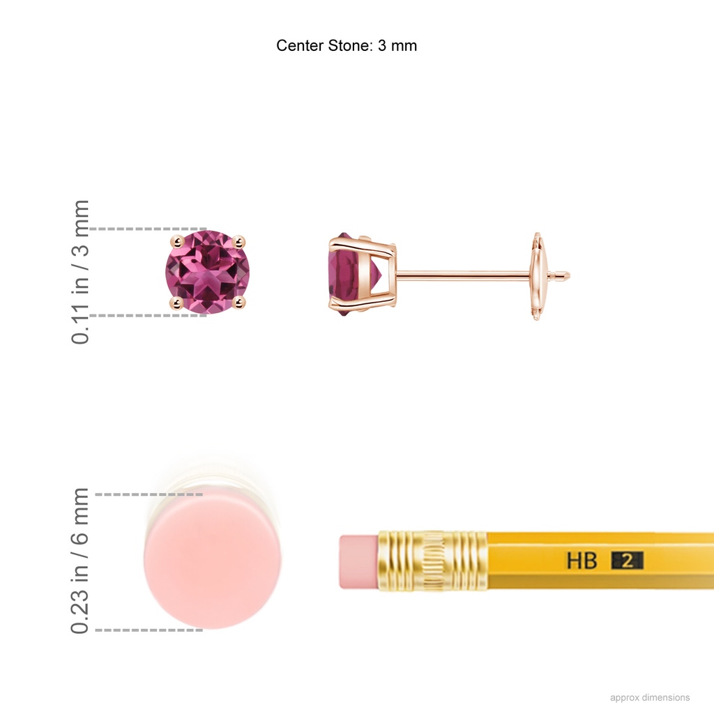 3mm AAAA Round Pink Tourmaline Stud Earrings in Rose Gold Ruler