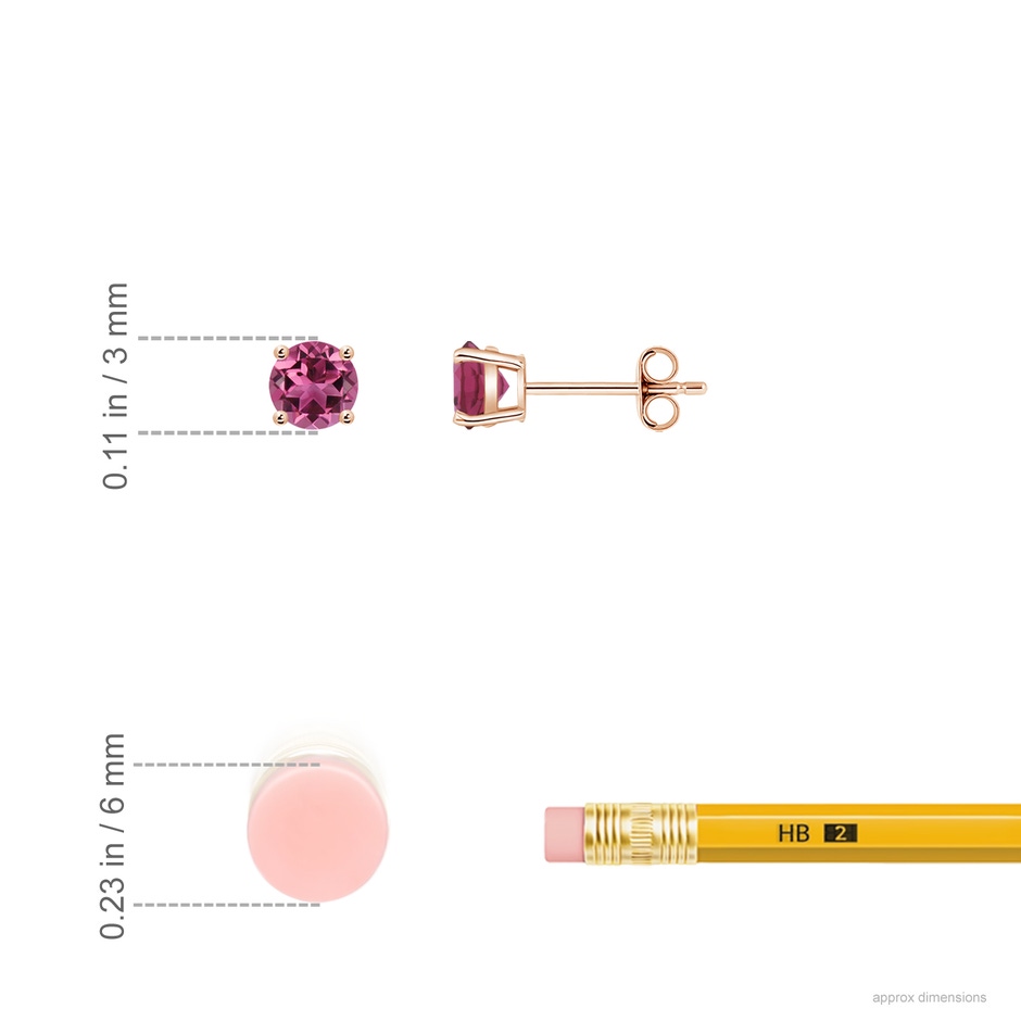 3mm AAAA Round Pink Tourmaline Stud Earrings in Rose Gold ruler