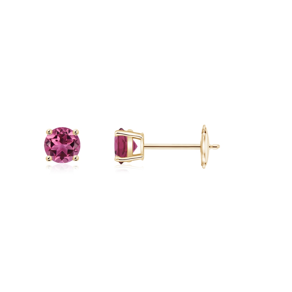 3mm AAAA Round Pink Tourmaline Stud Earrings in Yellow Gold