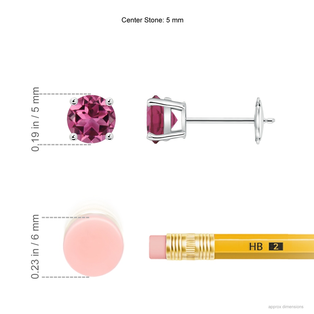 5mm AAAA Round Pink Tourmaline Stud Earrings in White Gold Ruler