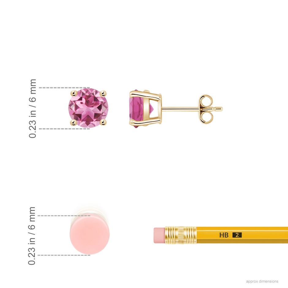 6mm AAA Round Pink Tourmaline Stud Earrings in Yellow Gold ruler