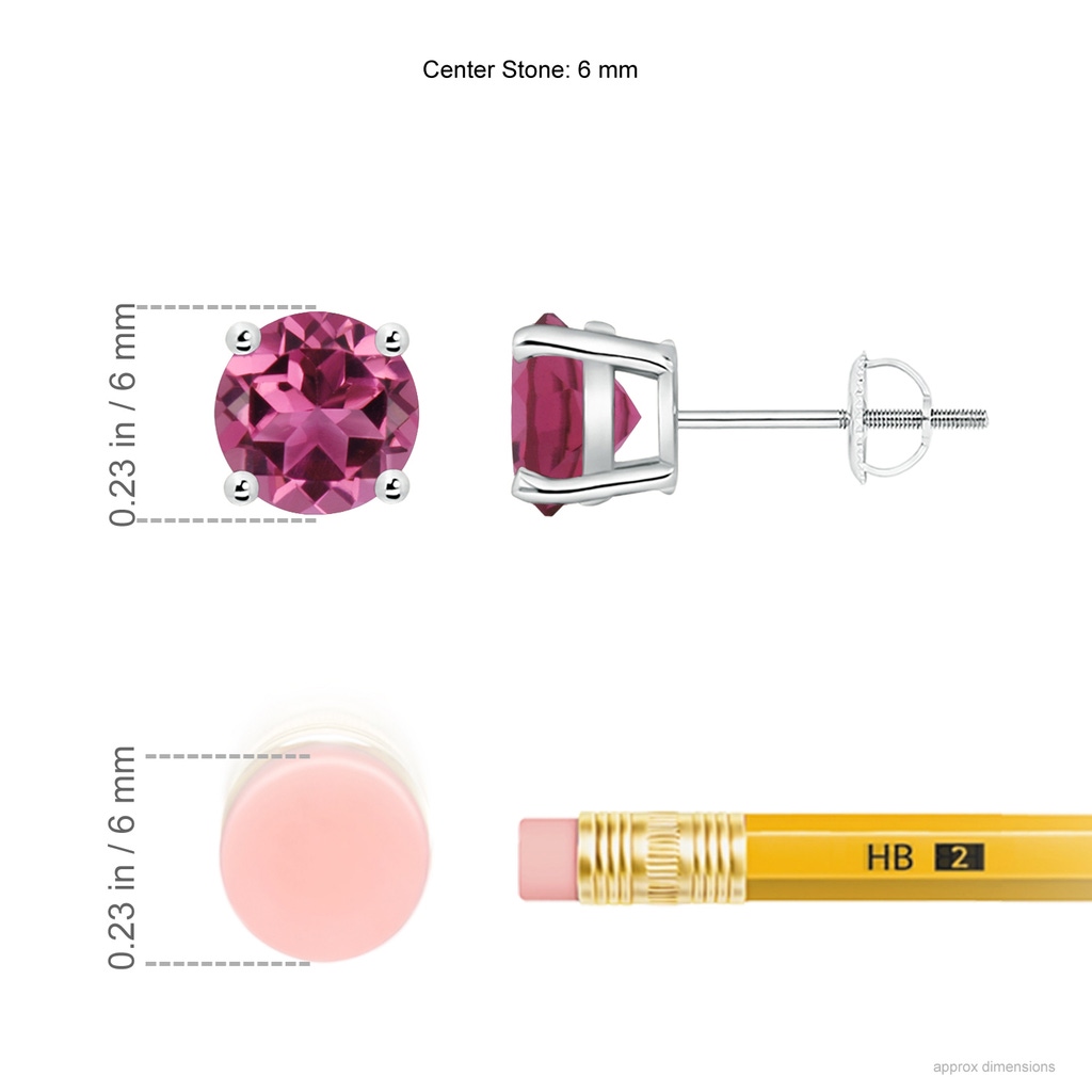 6mm AAAA Round Pink Tourmaline Stud Earrings in P950 Platinum Ruler