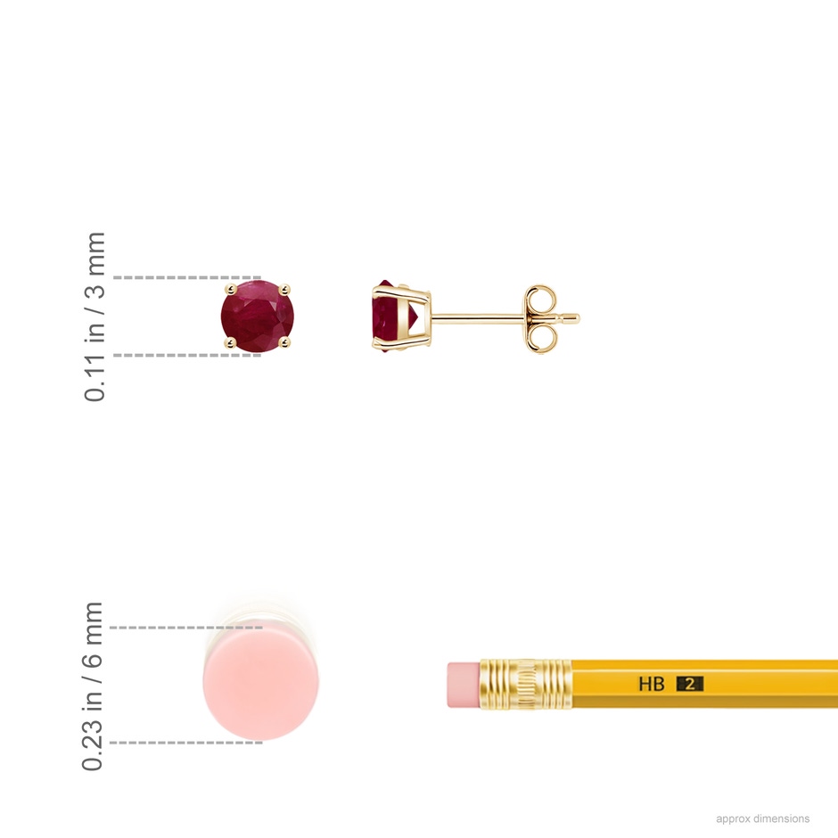 3mm A Round Ruby Stud Earrings in 10K Yellow Gold ruler