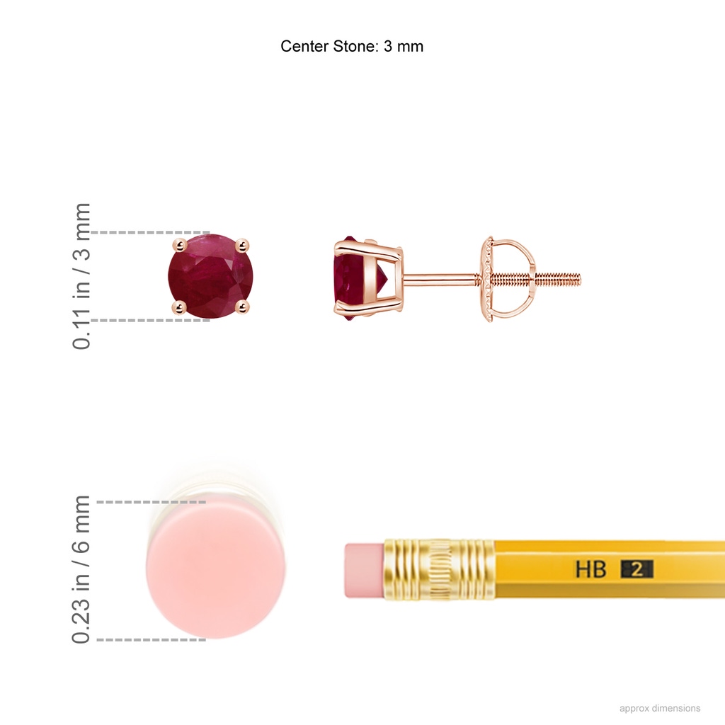 3mm A Round Ruby Stud Earrings in 18K Rose Gold ruler