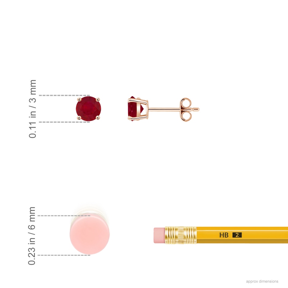 3mm AA Round Ruby Stud Earrings in Rose Gold ruler