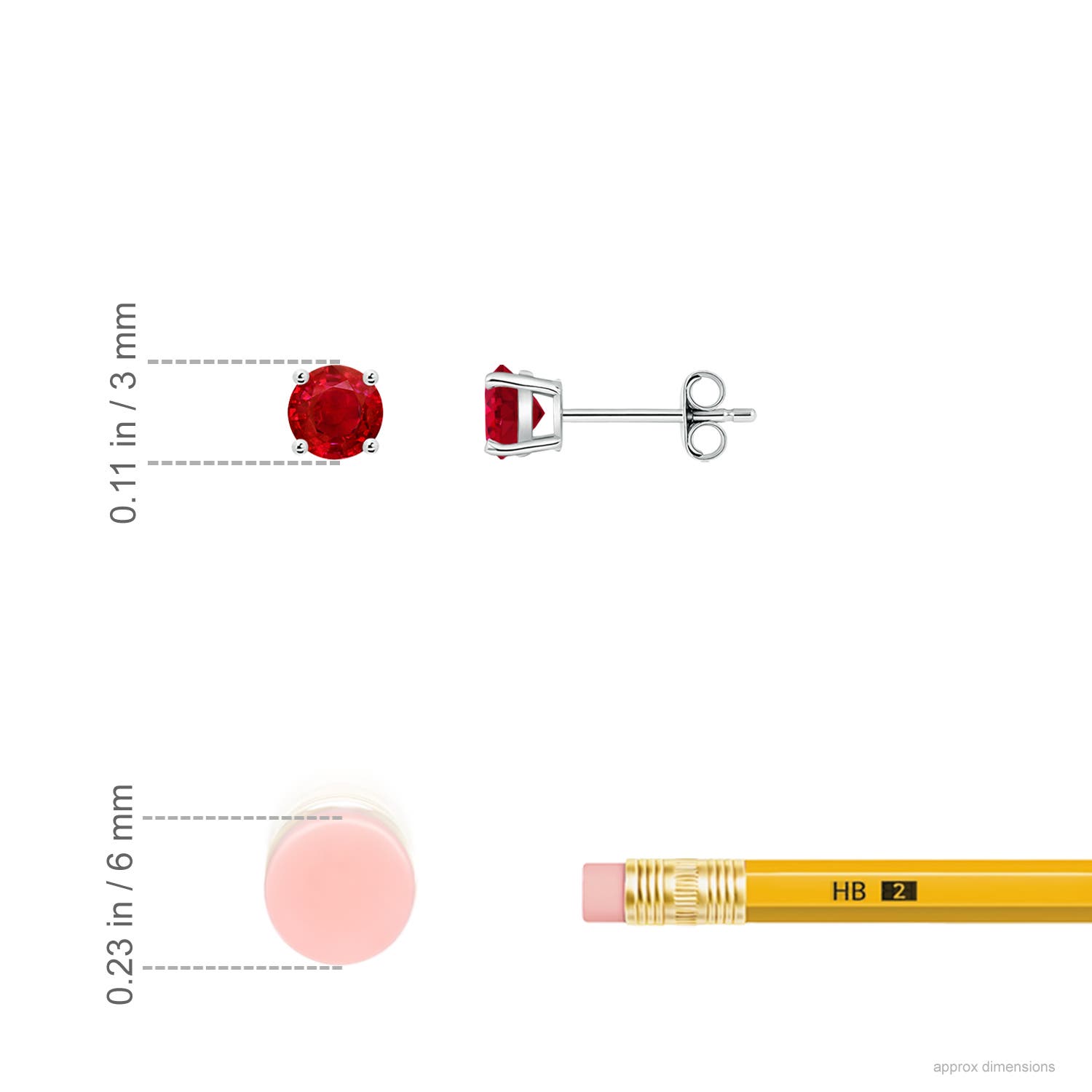 3mm AAA Round Ruby Stud Earrings in P950 Platinum - ruler
