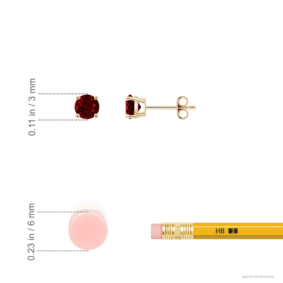 3mm AAAA Round Ruby Stud Earrings in 18K Yellow Gold ruler