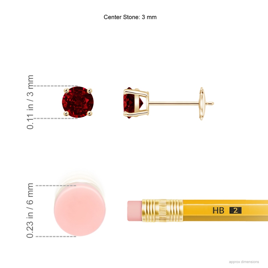 3mm AAAA Round Ruby Stud Earrings in 9K Yellow Gold ruler