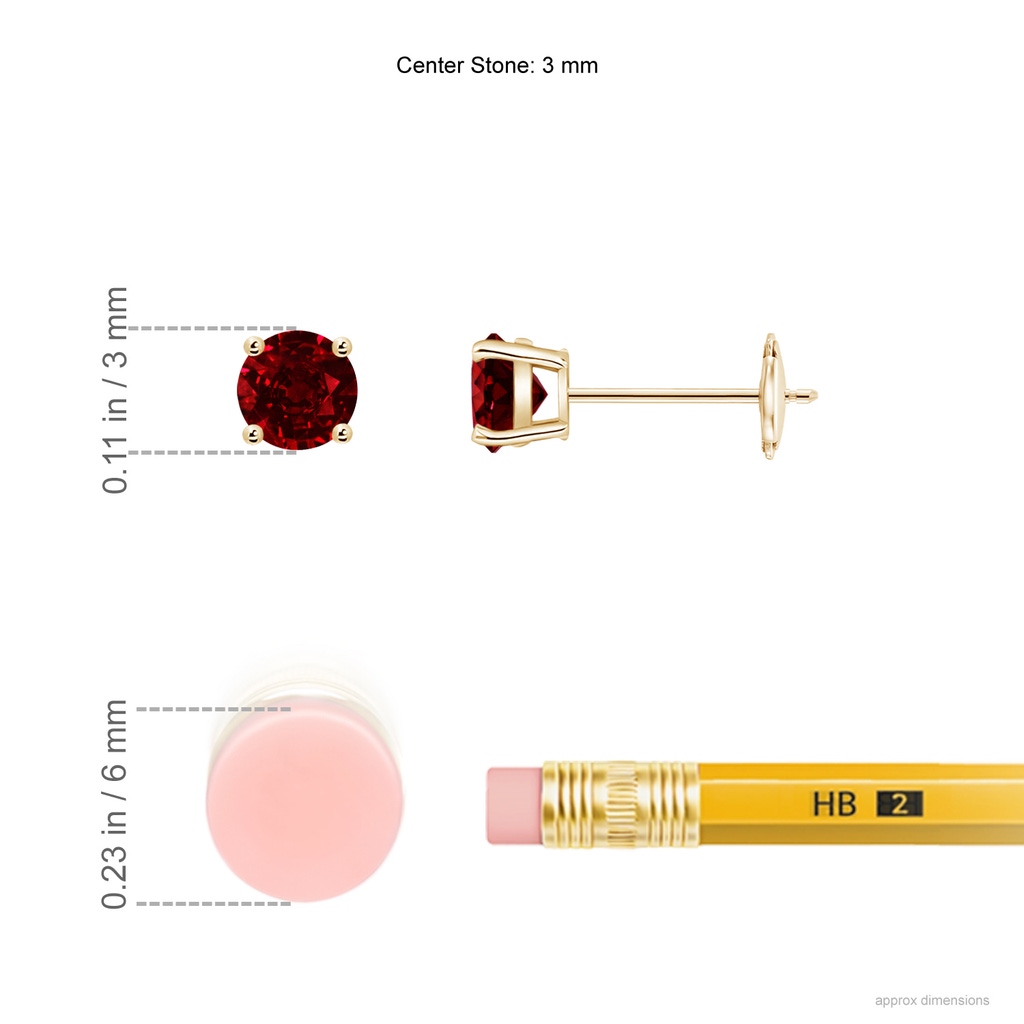 3mm AAAA Round Ruby Stud Earrings in Yellow Gold ruler