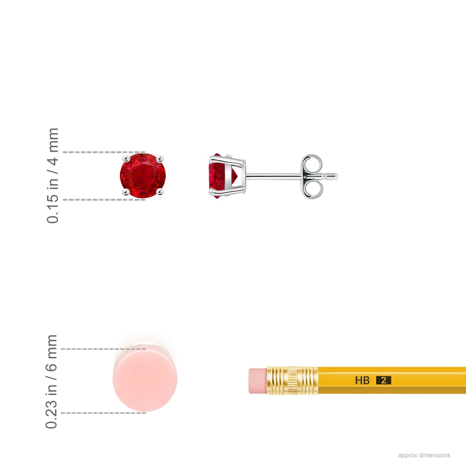 4mm AAA Round Ruby Stud Earrings in 18K White Gold ruler