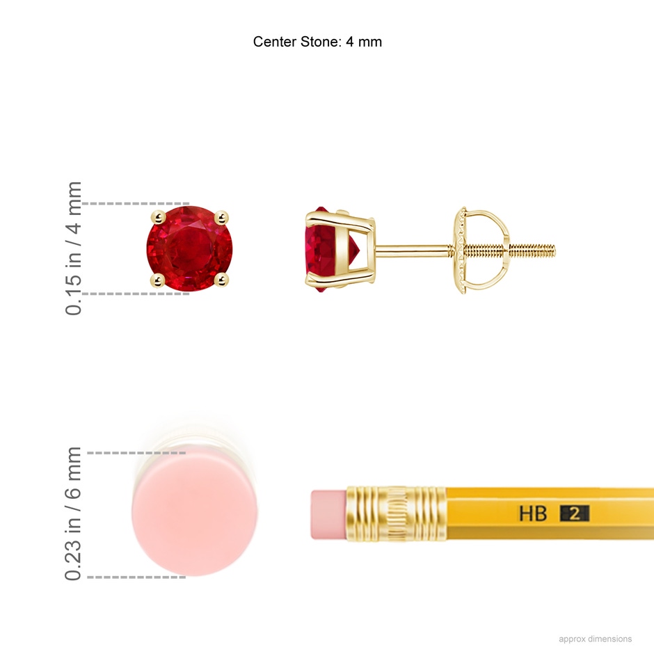 4mm AAA Round Ruby Stud Earrings in 18K Yellow Gold ruler