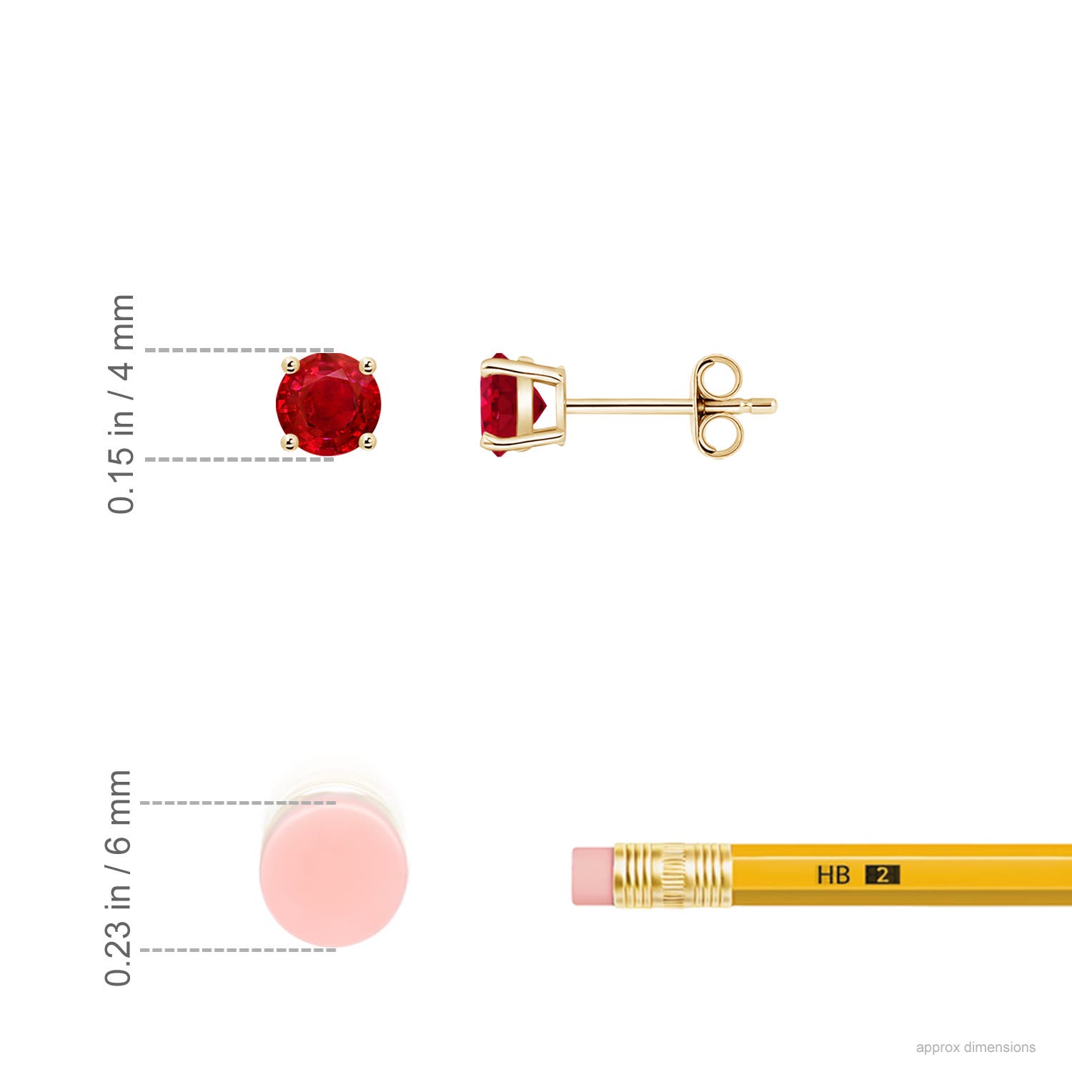 4mm AAA Round Ruby Stud Earrings in 18CT Yellow Gold - ruler