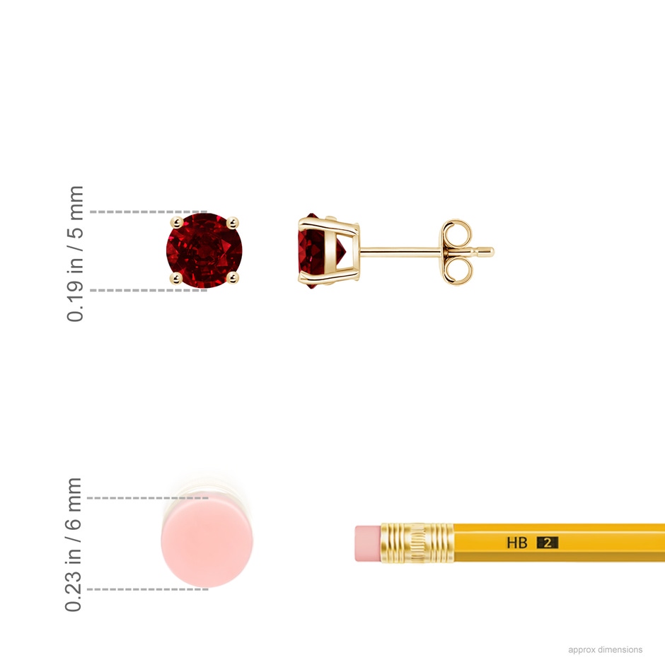 5mm AAAA Round Ruby Stud Earrings in Yellow Gold ruler