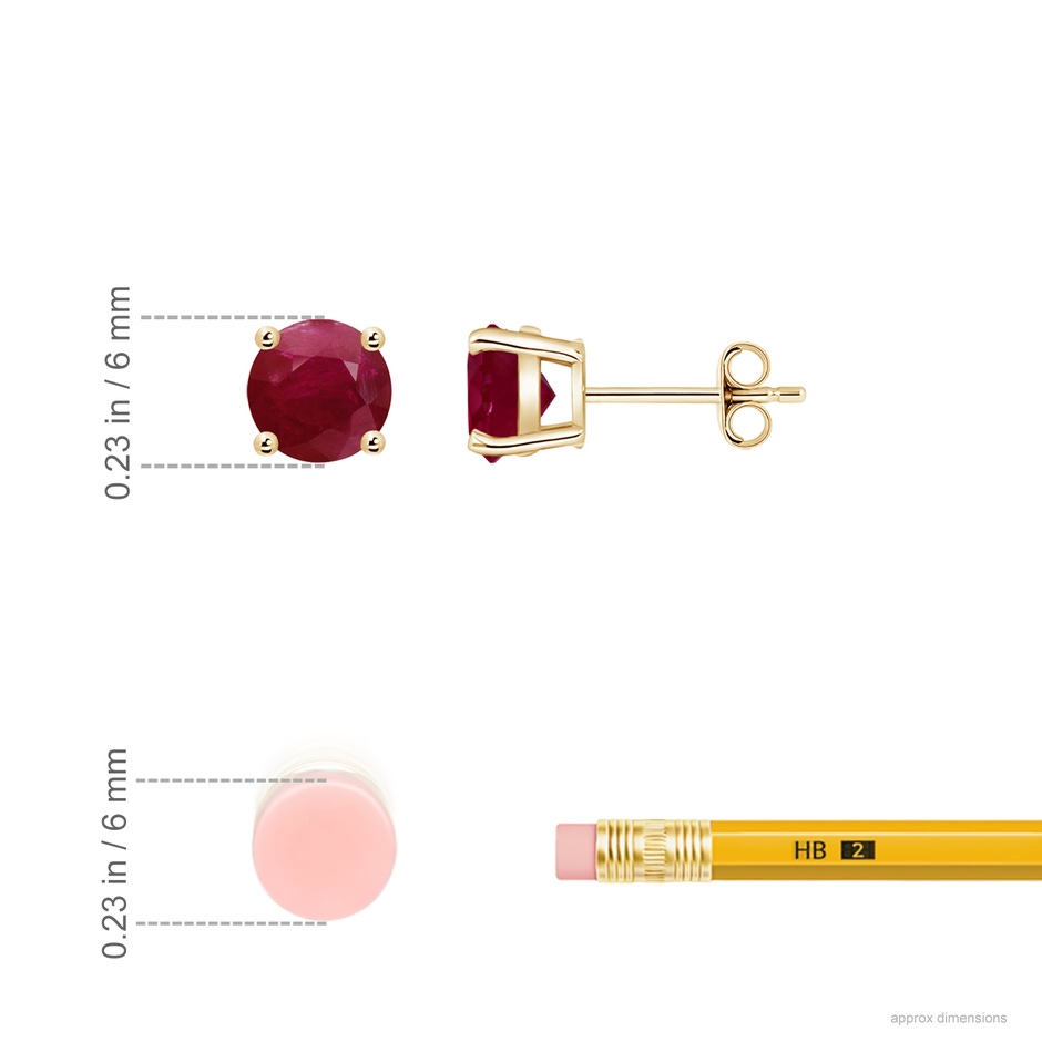 6mm A Round Ruby Stud Earrings in Yellow Gold ruler