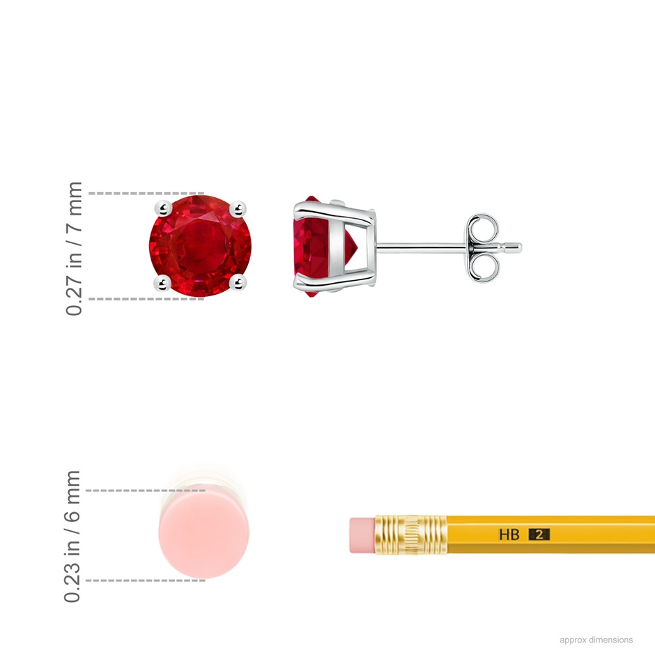 7mm AAA Round Ruby Stud Earrings in P950 Platinum ruler