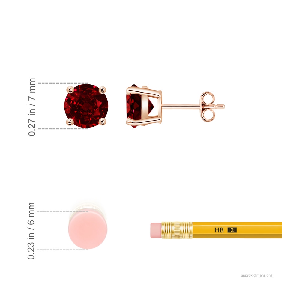 7mm AAAA Round Ruby Stud Earrings in 18K Rose Gold ruler