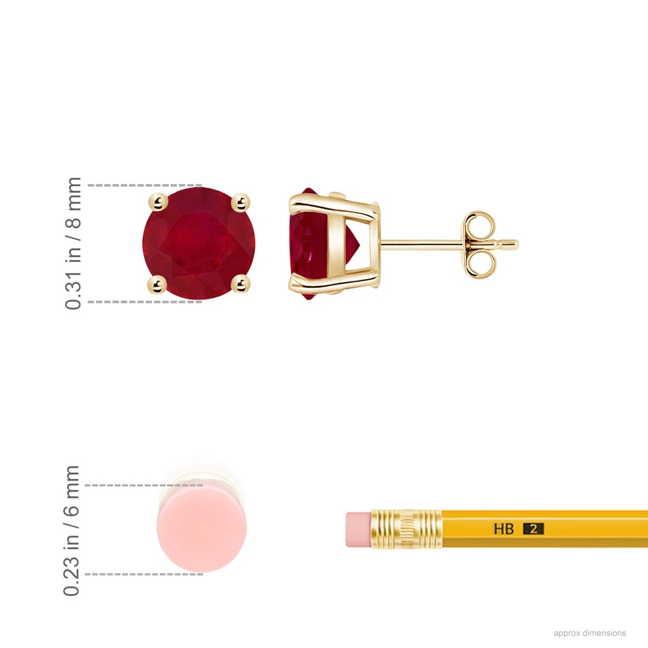 8mm AA Round Ruby Stud Earrings in Yellow Gold ruler