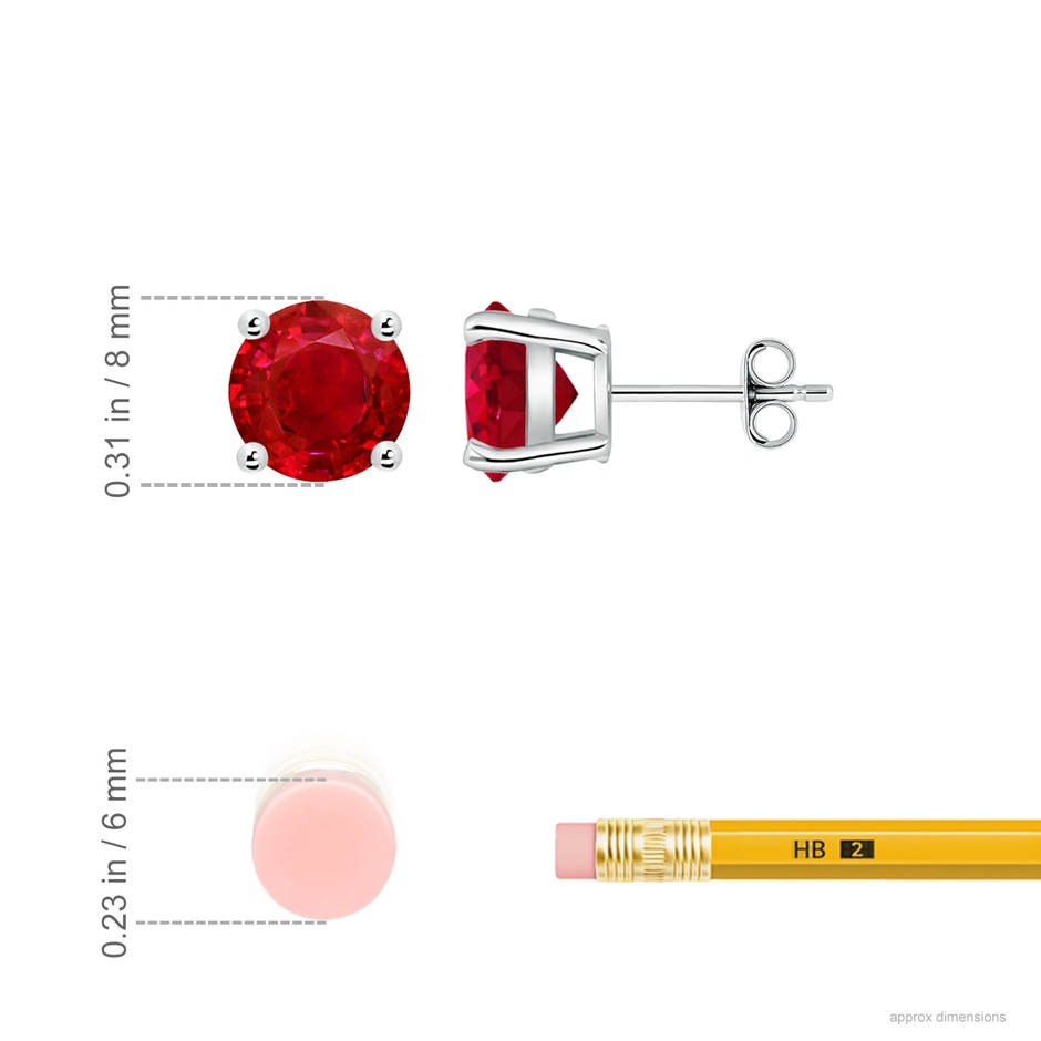 8mm AAA Round Ruby Stud Earrings in P950 Platinum ruler