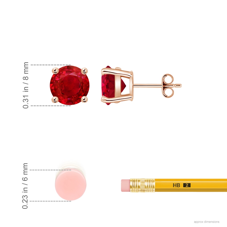 8mm AAA Round Ruby Stud Earrings in Rose Gold ruler