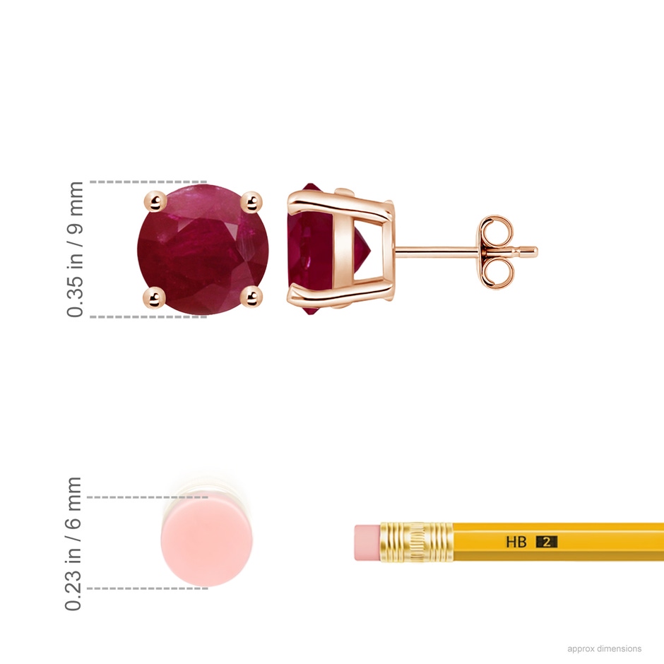 9mm A Round Ruby Stud Earrings in 18K Rose Gold ruler
