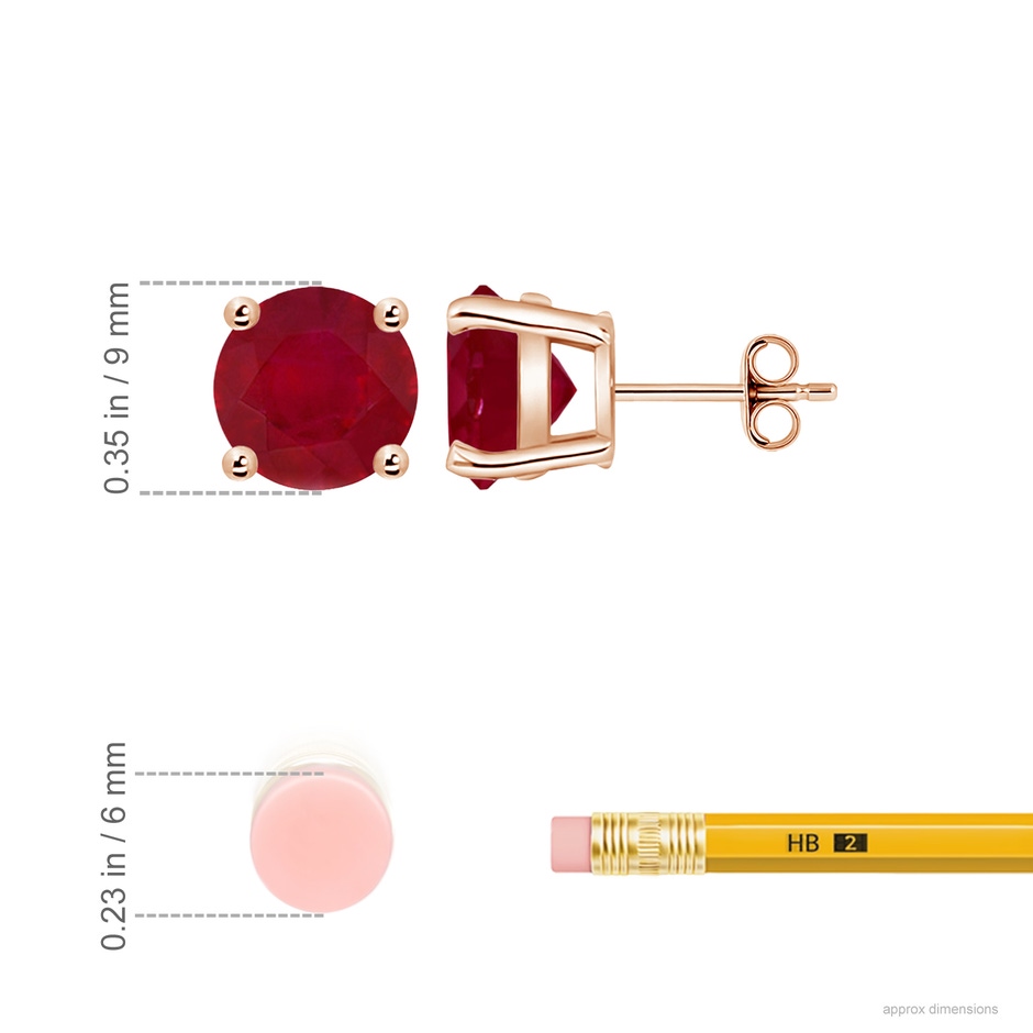 9mm AA Round Ruby Stud Earrings in 18K Rose Gold ruler