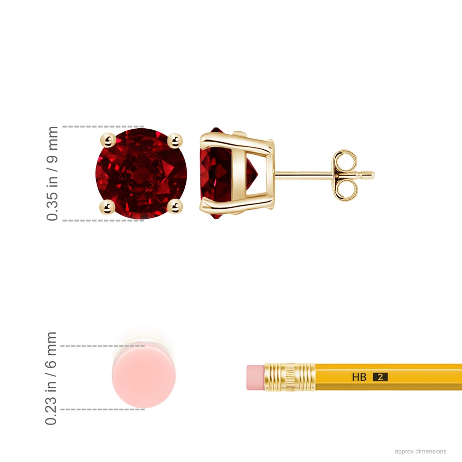 9mm AAAA Round Ruby Stud Earrings in Yellow Gold ruler