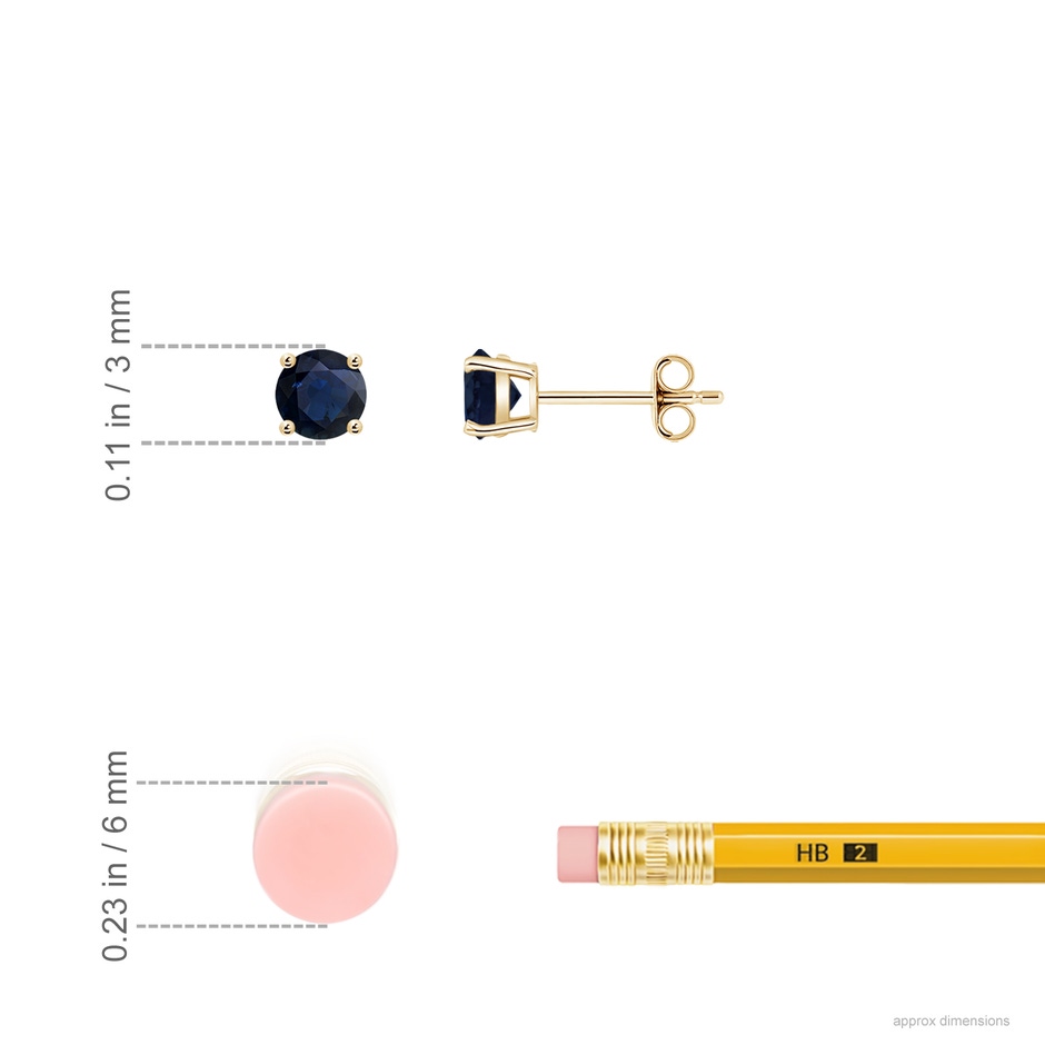 3mm A Round Blue Sapphire Stud Earrings in Yellow Gold ruler