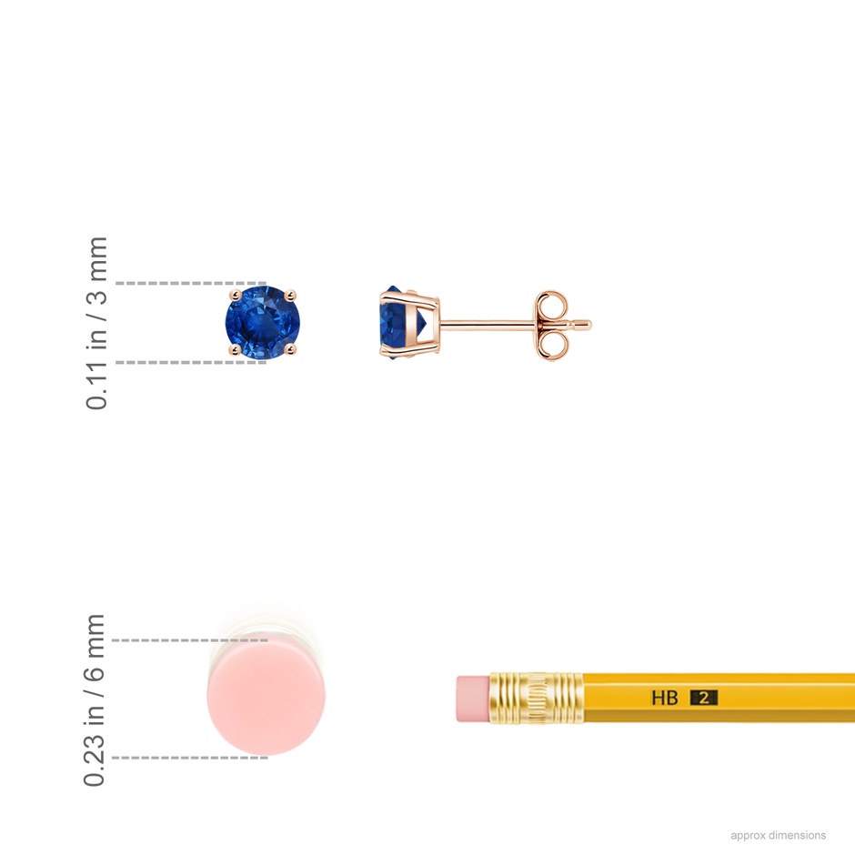 3mm AAA Round Blue Sapphire Stud Earrings in Rose Gold ruler