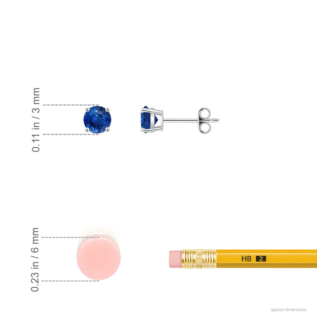 3mm AAA Round Blue Sapphire Stud Earrings in White Gold - ruler
