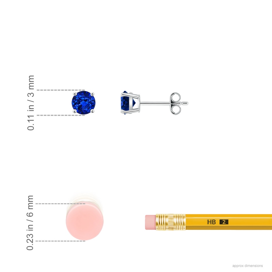 3mm AAAA Round Blue Sapphire Stud Earrings in 9K White Gold ruler
