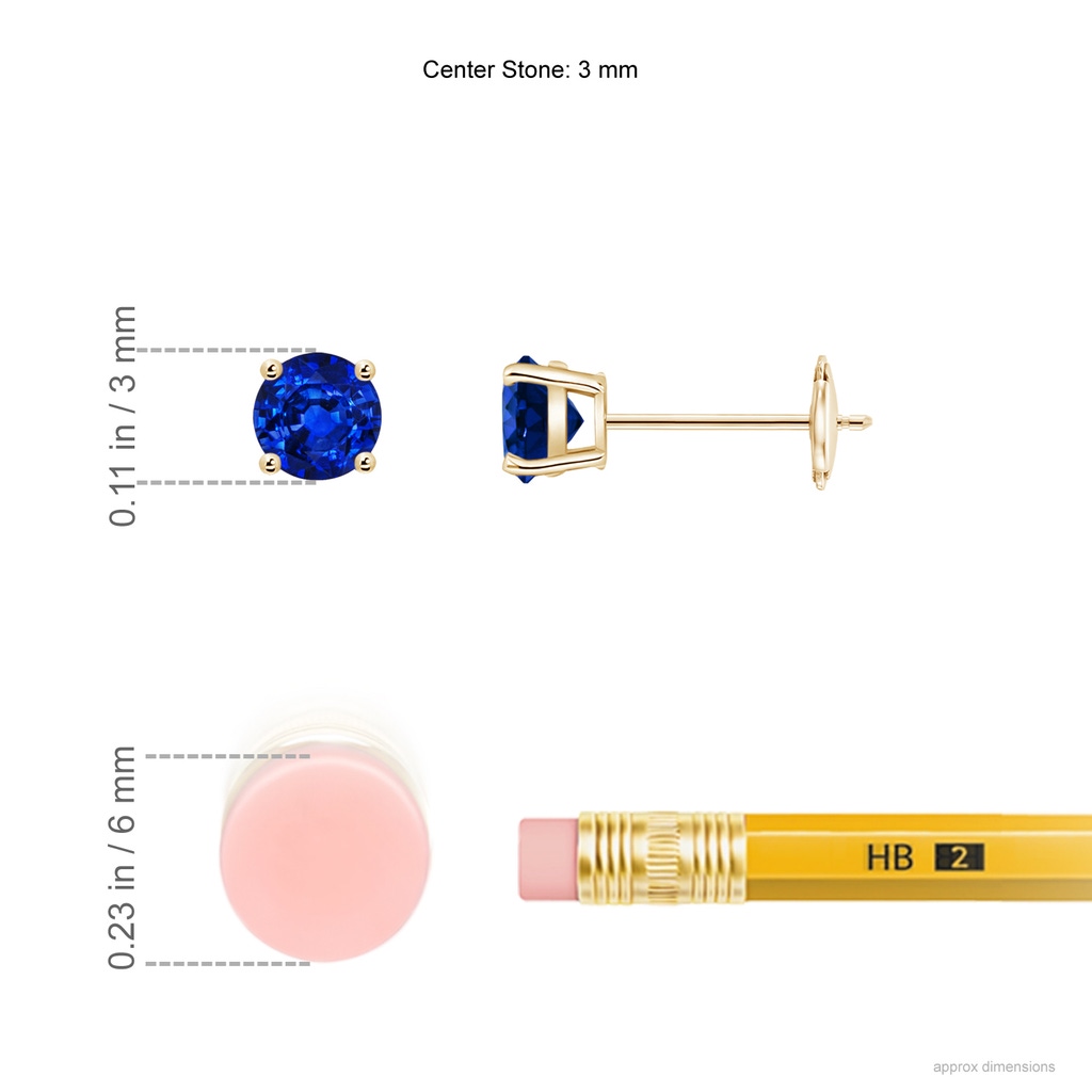 3mm AAAA Round Blue Sapphire Stud Earrings in Yellow Gold ruler