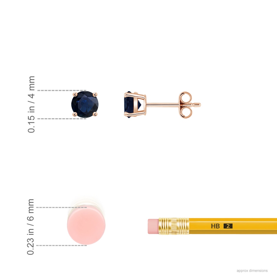 4mm A Round Blue Sapphire Stud Earrings in Rose Gold ruler