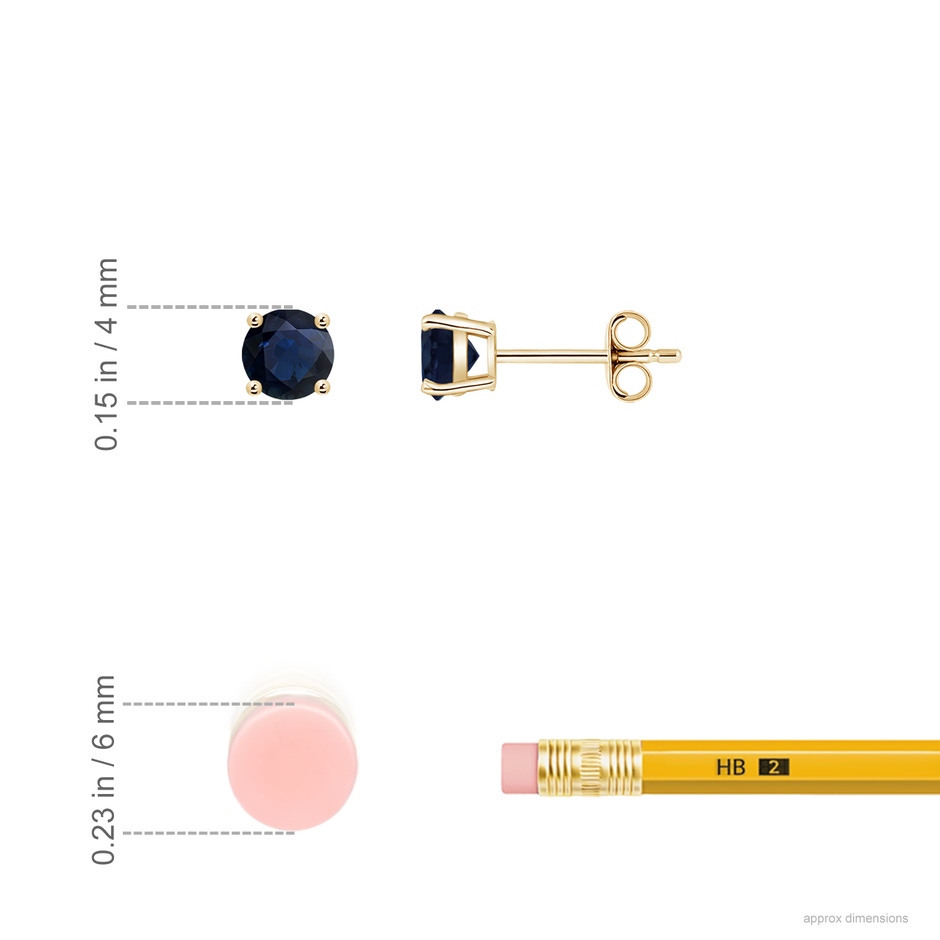 4mm A Round Blue Sapphire Stud Earrings in Yellow Gold ruler