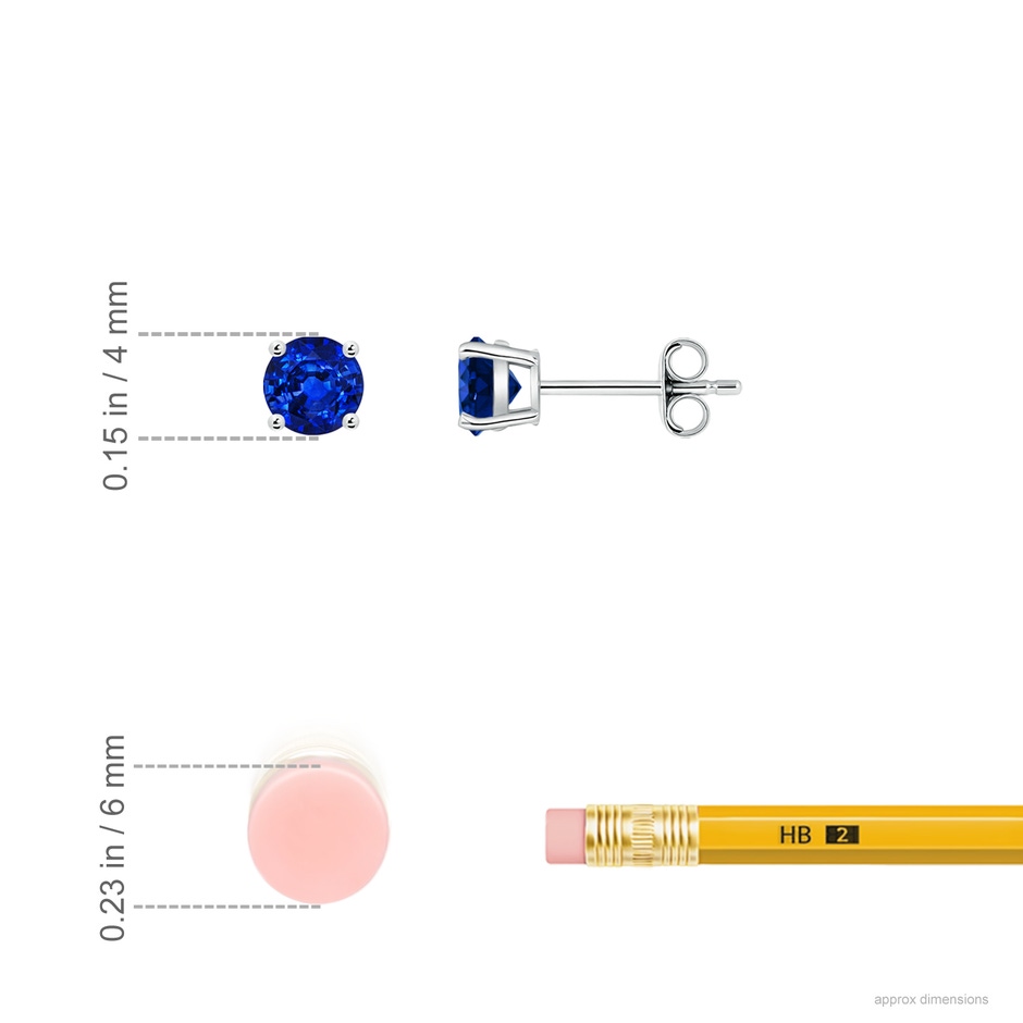 4mm AAAA Round Blue Sapphire Stud Earrings in 18K White Gold ruler