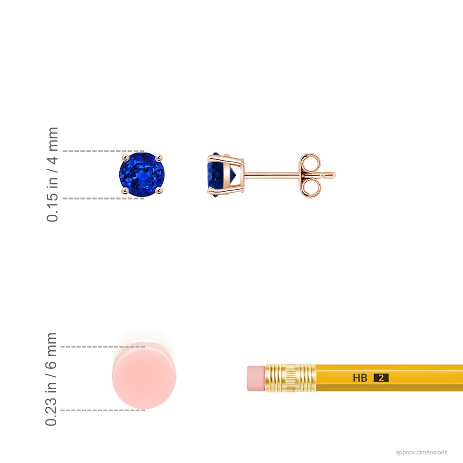 4mm AAAA Round Blue Sapphire Stud Earrings in Rose Gold ruler