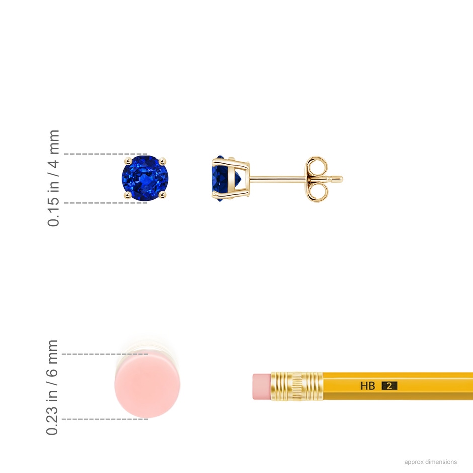 4mm AAAA Round Blue Sapphire Stud Earrings in Yellow Gold ruler