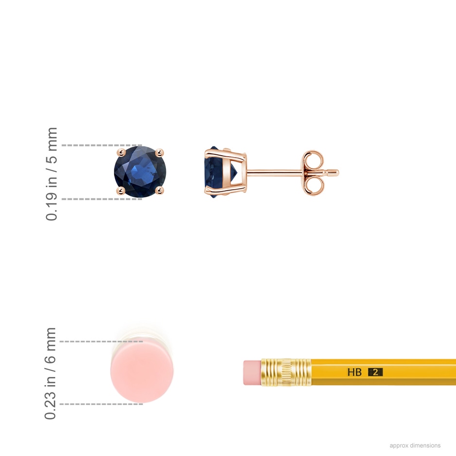 5mm AA Round Blue Sapphire Stud Earrings in Rose Gold ruler