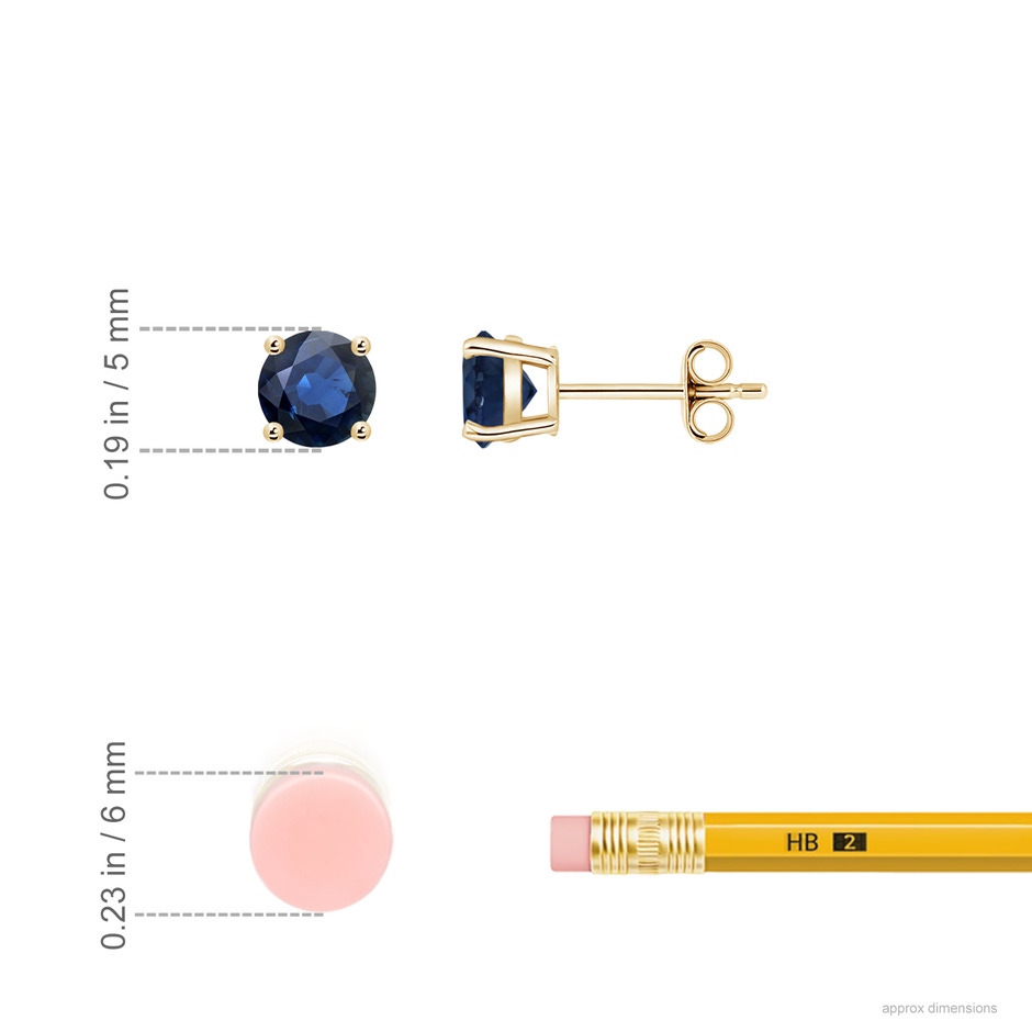 5mm AA Round Blue Sapphire Stud Earrings in Yellow Gold ruler