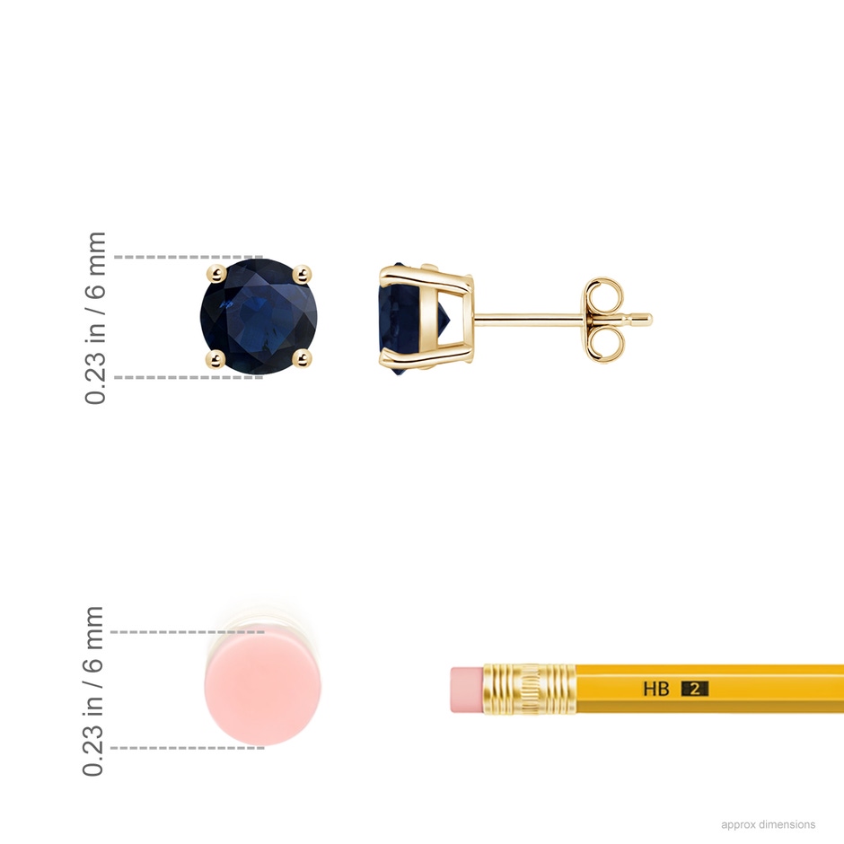 6mm A Round Blue Sapphire Stud Earrings in Yellow Gold ruler