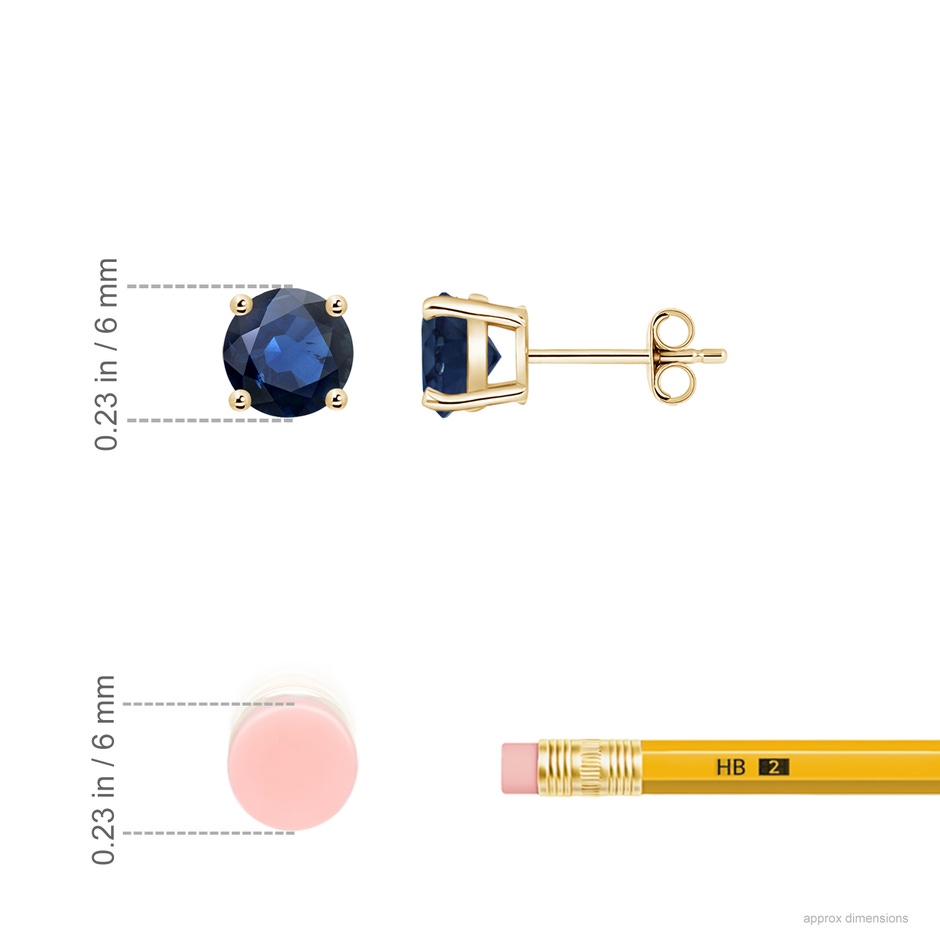 6mm AA Round Blue Sapphire Stud Earrings in 18K Yellow Gold ruler