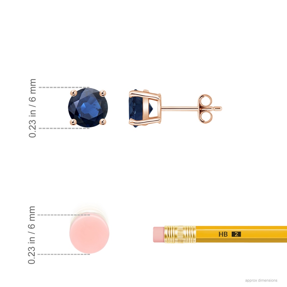 6mm AA Round Blue Sapphire Stud Earrings in Rose Gold ruler