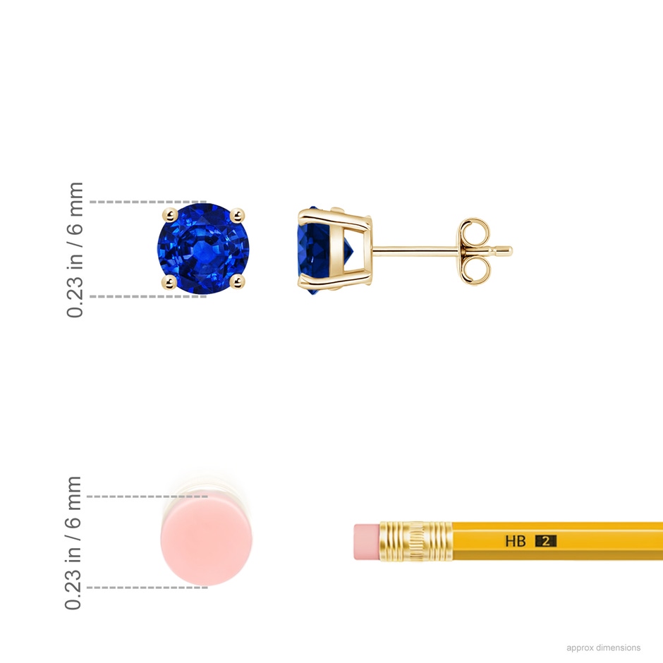 6mm AAAA Round Blue Sapphire Stud Earrings in Yellow Gold ruler