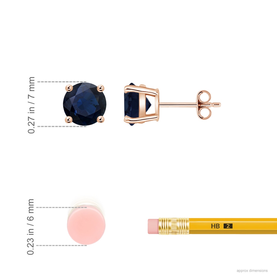 7mm A Round Blue Sapphire Stud Earrings in Rose Gold ruler