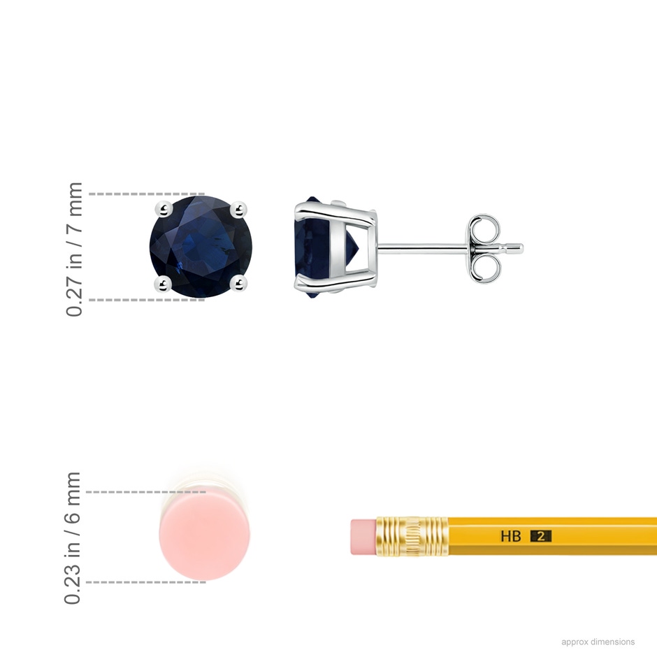 7mm A Round Blue Sapphire Stud Earrings in White Gold ruler