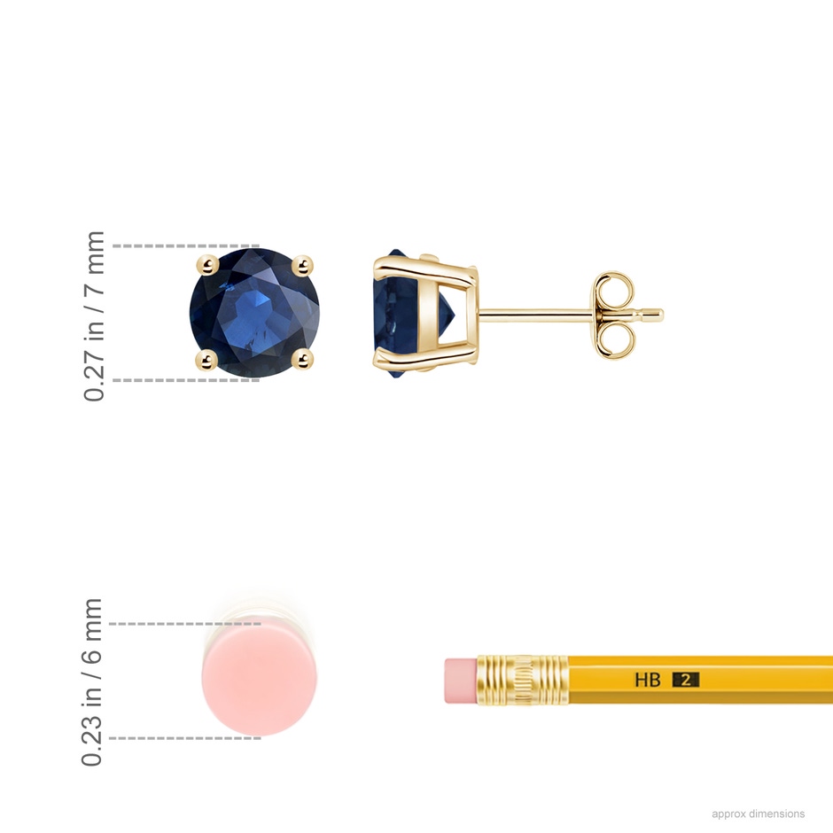 7mm AA Round Blue Sapphire Stud Earrings in Yellow Gold ruler