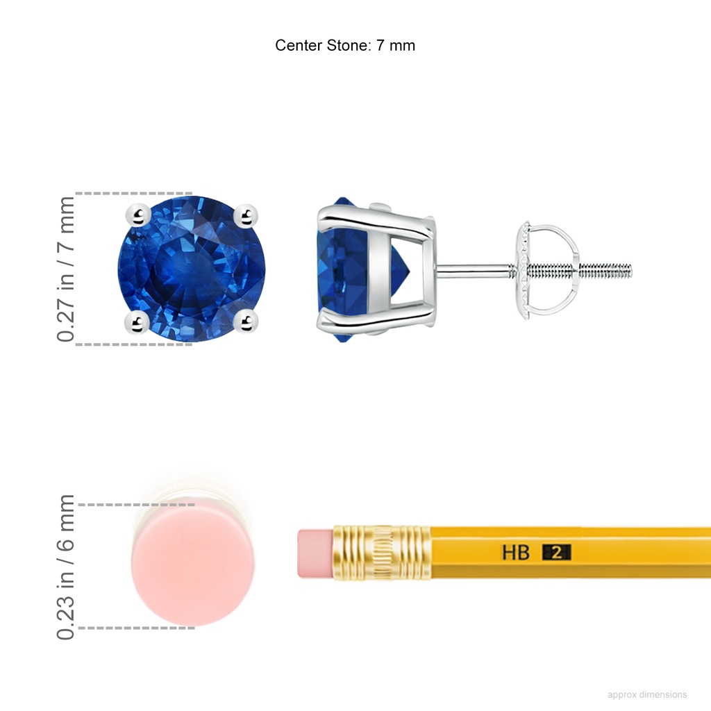 7mm AAA Round Blue Sapphire Stud Earrings in P950 Platinum ruler